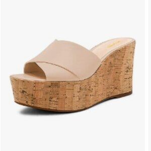 XYD Nude Cork Wedges Platform High Heel Sandals Open Toe Crisscross Straps Mule